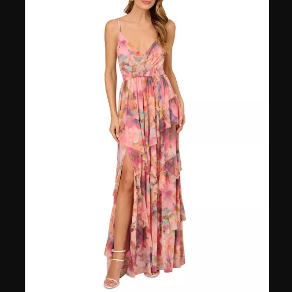 Liv Foster Printed Mesh Gown Tiered Asymmetric Ruffle Strappy Maxi Dress $350.00